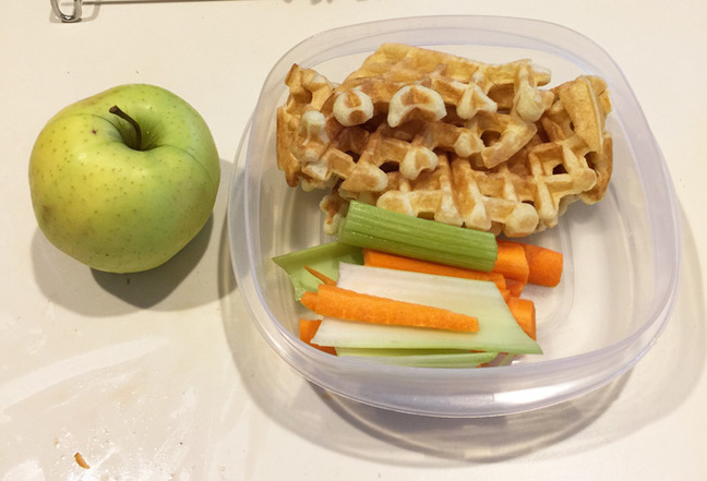 Waffles, apple and salad for lunch