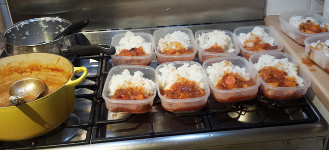 Nathan's finished stew and rice meals, in plastic containers
