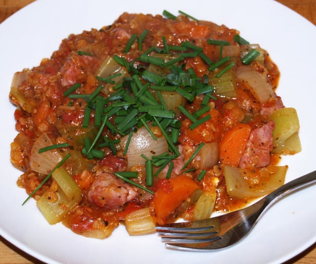 Neil and Anita's lentil and bacon dish