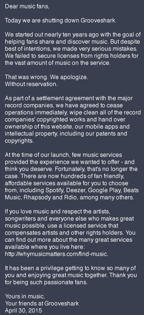 Grooveshark closure message