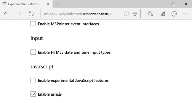 Screenshot showing the Asm.js option in Microsoft Edge browser