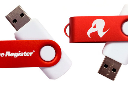 The two sides of the USB stick, showing the Register branding