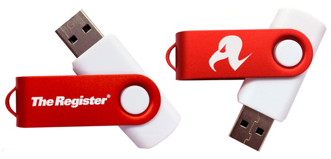 The two sides of the USB stick, showing the Register branding