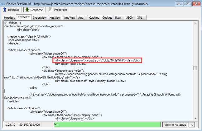 The shortened link injected into Jamie Oliver's site The shortened link injected into Jamie Oliver's site