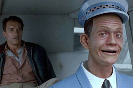 Johnnycab with Arnie. Screen shot from Total Recall