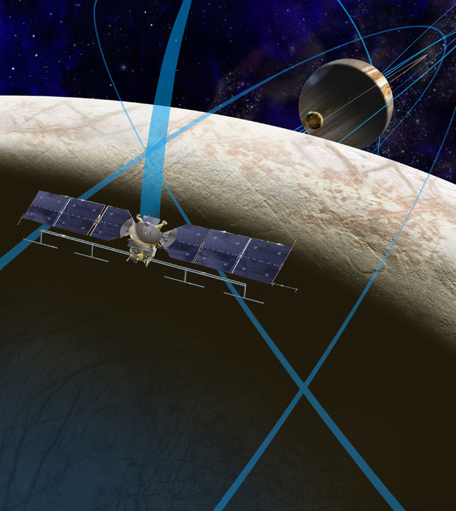 Artist's impression of spacecraft orbiting Jupiter and Europa