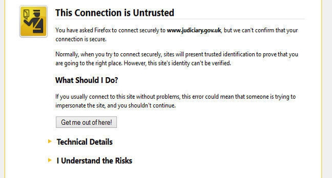 Judiciary.gov.uk's expired certificate snafu, as seen via Firefox