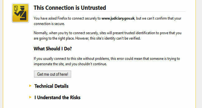 Judiciary.gov.uk's expired certificate snafu, as seen via Firefox