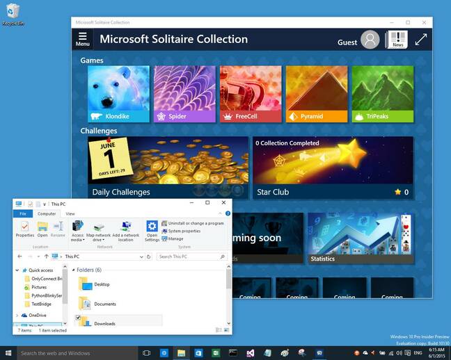 Windows 10 build 10130, showing Microsoft's new Solitaire Collection