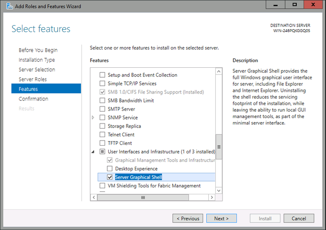 Adding the desktop GUI to Server 2016