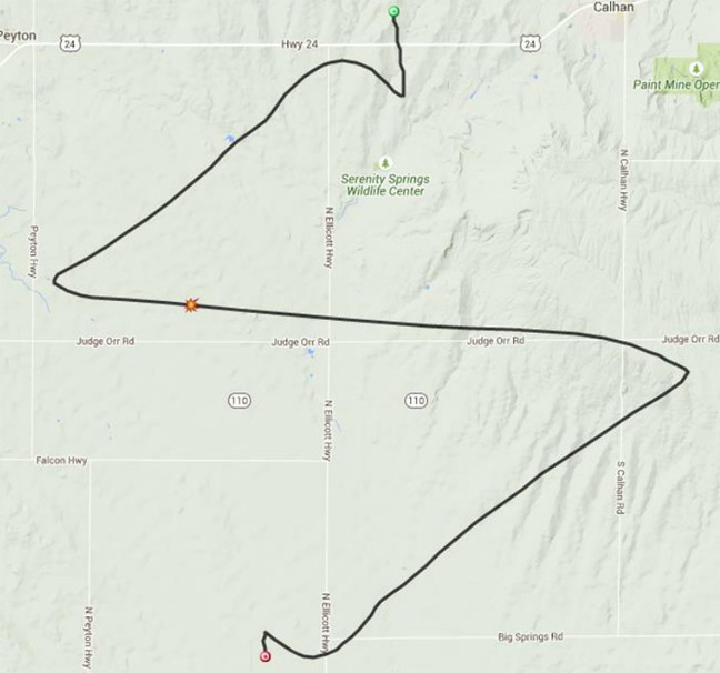 The predicted flight path from Colorado Springs East Airport