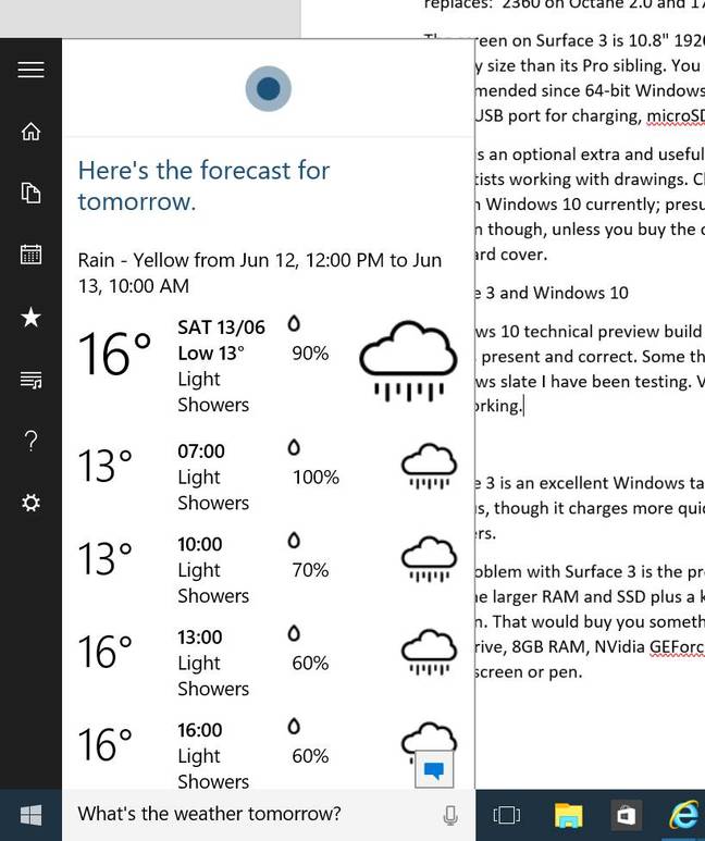 Cortana reports the weather in response to voice input