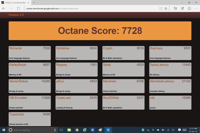 The Edge browser running the Octane benchmark