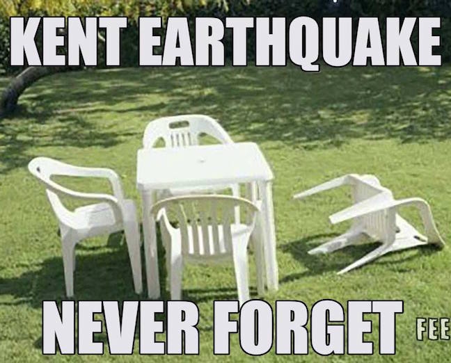 Plastic garden chair on back - text Kent Earthquake - Never Forget