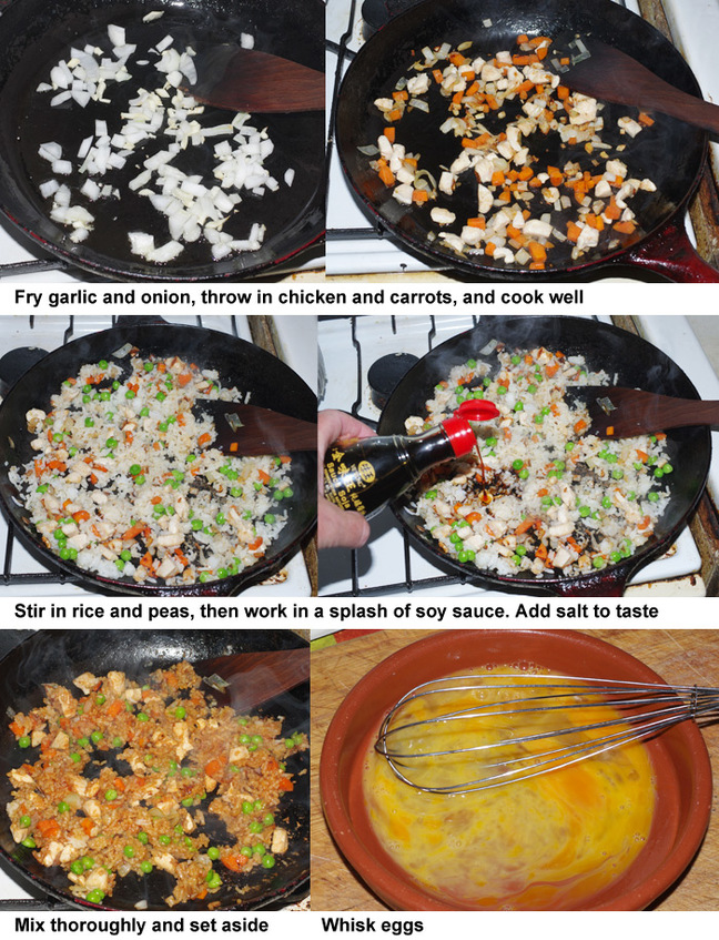 The first six steps in making nasi goreng pattaya