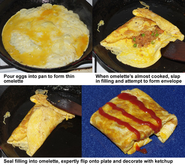 The final four steps in making nasi goreng pattaya