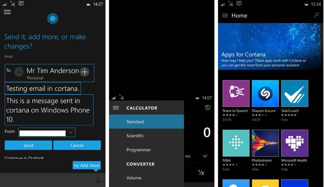 Cortana emails, slide-down menu, and Apps for Cortana