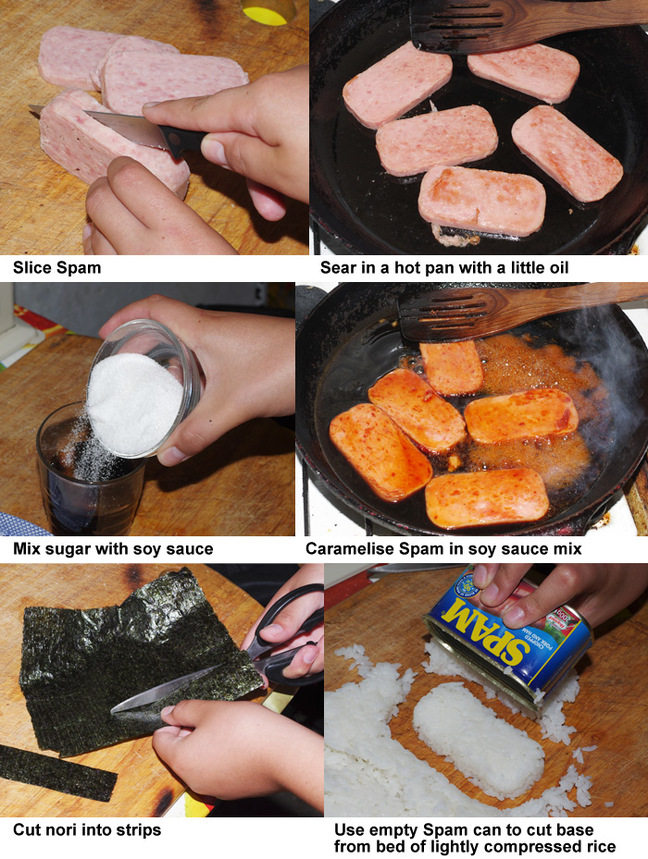 The first six steps in making Spam musubi