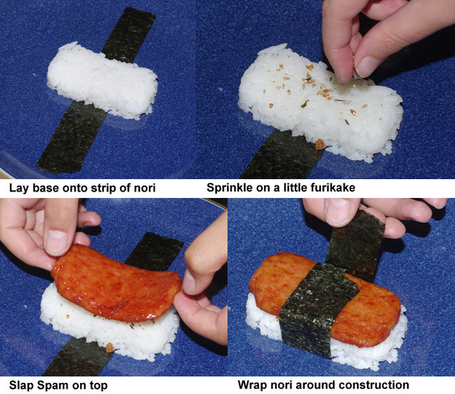 The final four steps in preparing Spam musubi