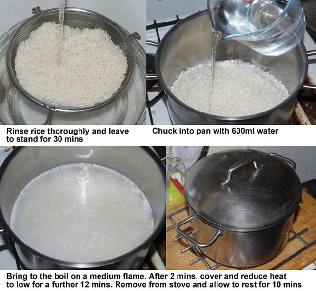 The first four steps in preparing sushi rice