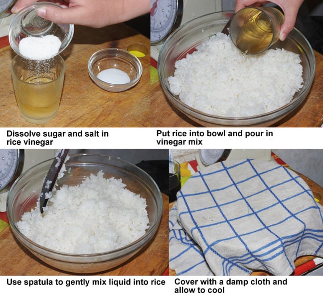 The second four steps in preparing sushi rice