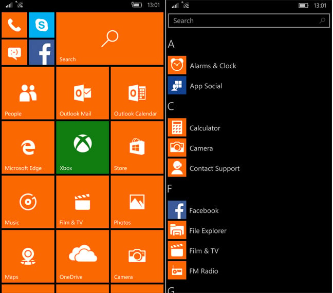 Windows 10 Mobile start screen default