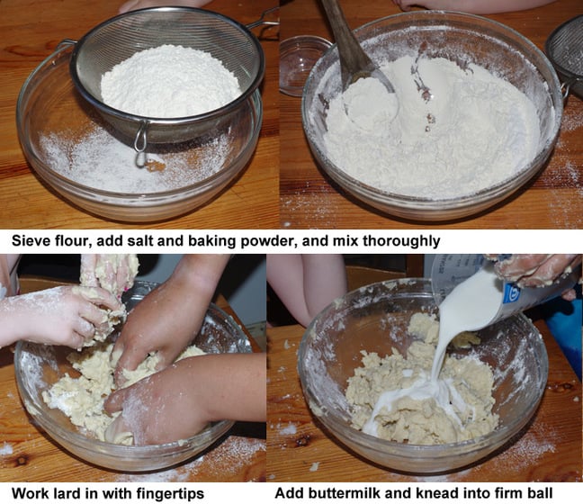 The first four steps in preparing American biscuits