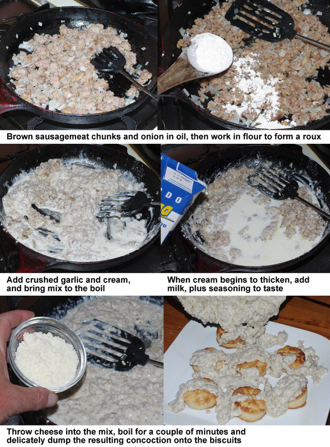 The six steps in cooking biscuits and gravy