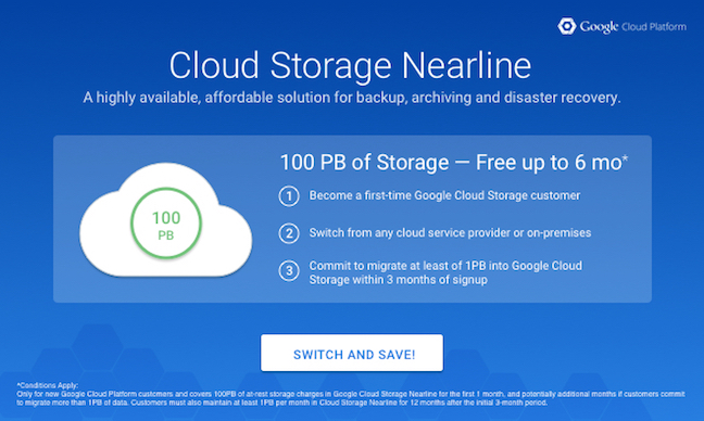 100PB of free nearline storage from google