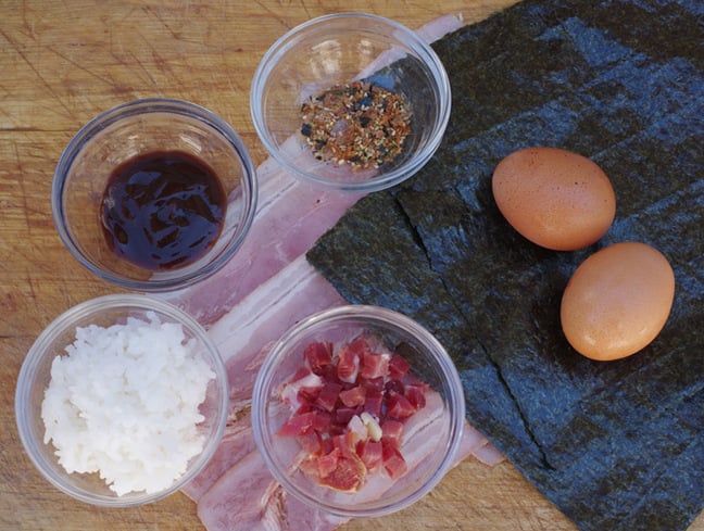 The ingredients required for our bacon and egg sushi