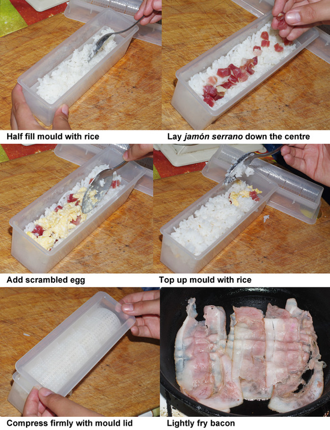 The first six steps in preparing bacon and egg makizushi