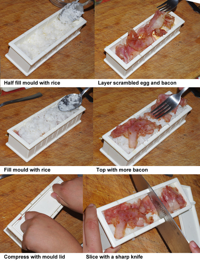 The six steps in preparing bacon and egg oshizushi