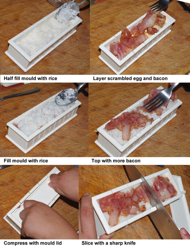 The six steps in preparing bacon and egg oshizushi