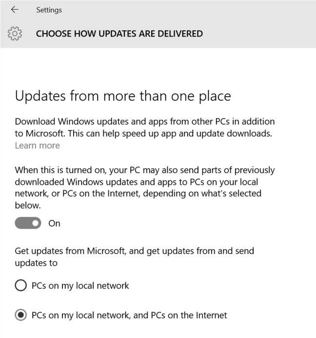 Peer to peer updates by default in Windows 10