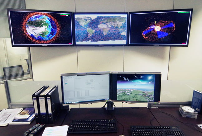 Bank of monitors in the Space Situational Awareness room