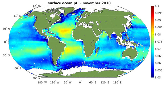 SMOS surface ocean pH map. Pic: ESA