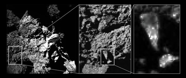  fractured cliff face imaged by CIVA camera 4 reveals brightness variations in the comet’s surface properties down to centimetre and millimetre scales. 