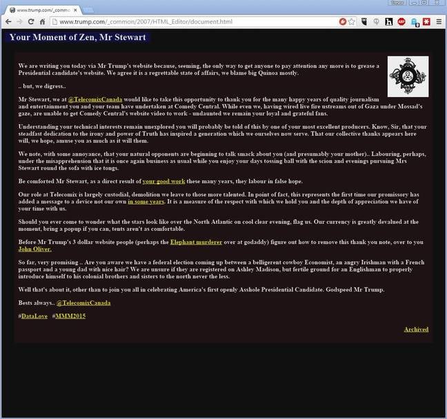 Image of the Telecomix Canada Trump website hack