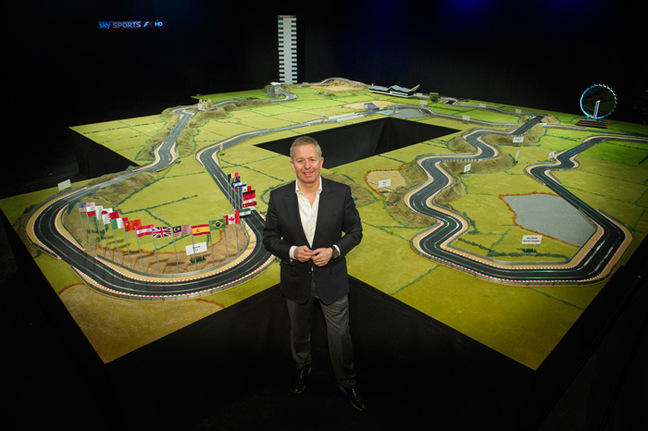 Brundle poses with his Scaletrix track. Pic: Classic Car Auctions