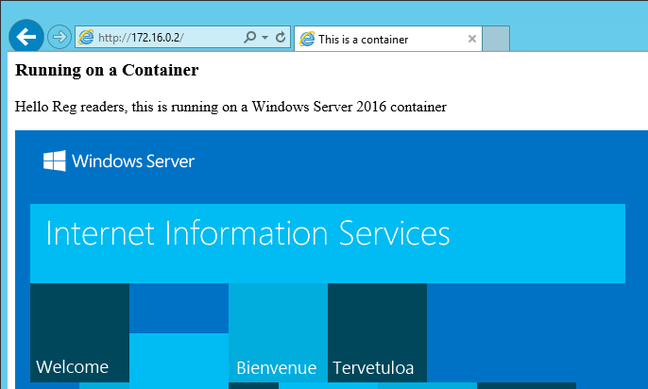 IIS running on a Windows Server container IIS running on a Windows Server container