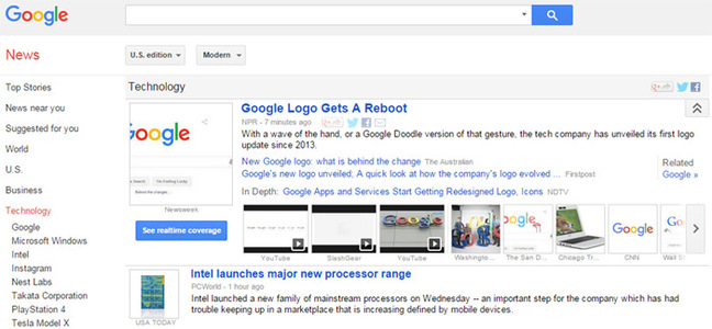 Screen grab of Google tech news, with rebrand at the top