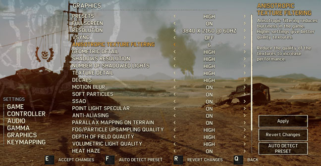 Mad Max game PC video settings