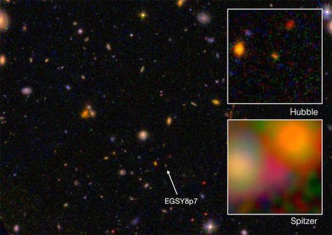 EGS8p7 galaxy as seen from the Hubble Space Telescope and Spitzer Space Telescope. Image credit: Labbé (Leiden University), NASA/ESA/JPL-Caltech EGS8p7 galaxy as seen from the Hubble Space Telescope and Spitzer Space Telescope. Image credit: Labbé (Leiden University), NASA/ESA/JPL-Caltech