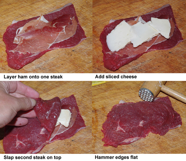 The first four steps in preparing cachopo