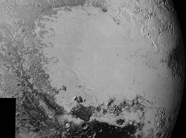 synthetic perspective view of Pluto, based on the latest high-resolution images to be downlinked from NASA’s New Horizons spacecraft, shows what you would see if you were approximately 1,100 miles (1,800 kilometres) above Pluto’s equatorial area, looking northeast over the dark, cratered, informally named Cthulhu Regio toward the bright, smooth, expanse of icy plains informally called Sputnik Planum.