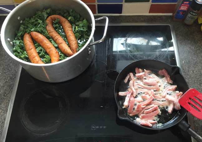 Veg boiling and bacon frying as Pascal makes stamppot