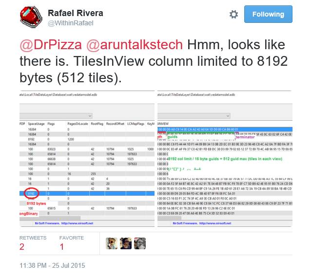 An internal Windows 10 database has a TilesInView field limited to 8192 bytes