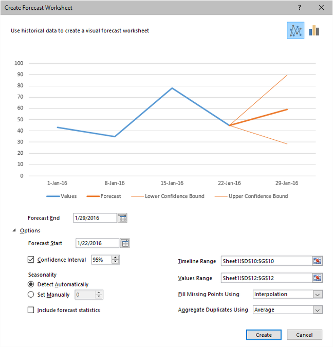 Creating a Forecast sheet in Excel 2016