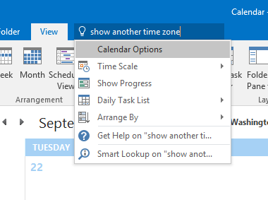 Office 2016 Tell Me found the right place to show a second time zone