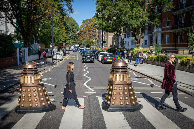 Doctor Who and Clara on Abbey Road. Pic credit: BBC